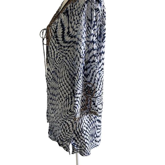 Soft Surroundings Shirt SZM Graphic Print Tunic Beaded V-neck Tie Front - Picture 4 of 10